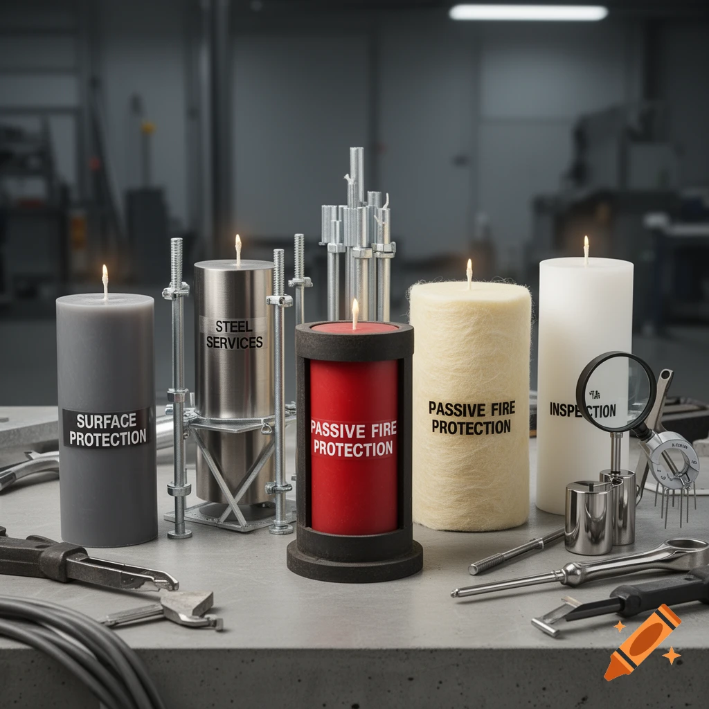 Photorealistic image of various industrial candles with service labels and tools on a workbench.