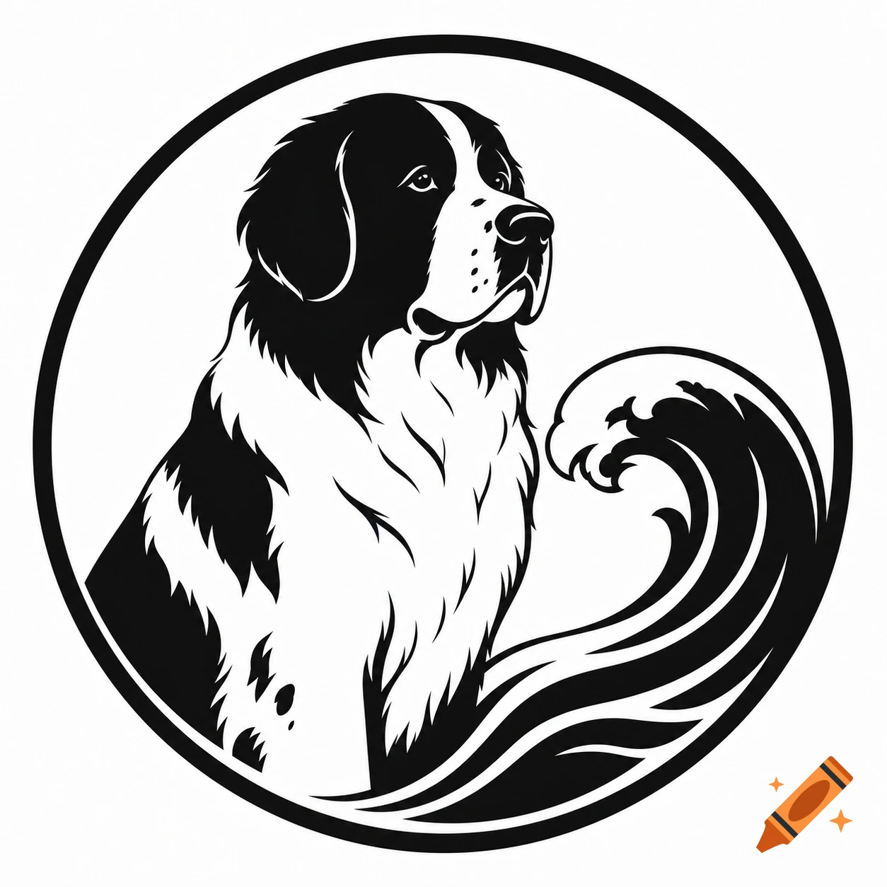 Black and white circular logo featuring a Landseer dog alongside a stylized ocean wave.