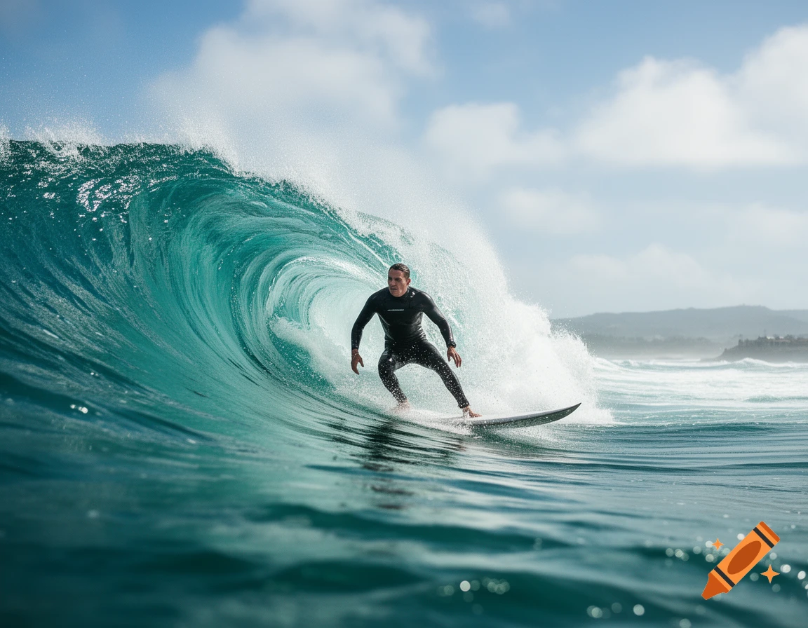 Photorealistic image of a surfer riding a large barrel wave under a partly cloudy sky.