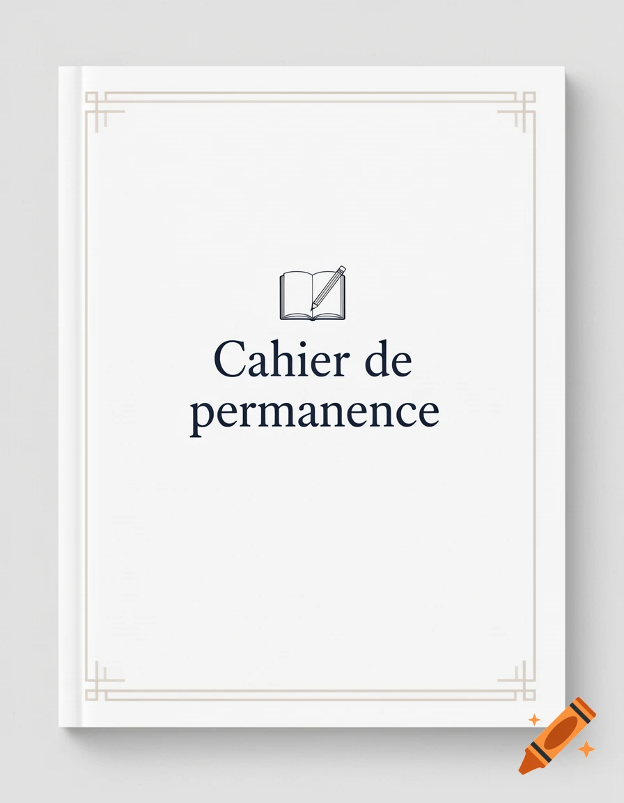 A white book cover with a simple decorative border, a small book and pencil icon, and the text 'Cahier de permanence'.