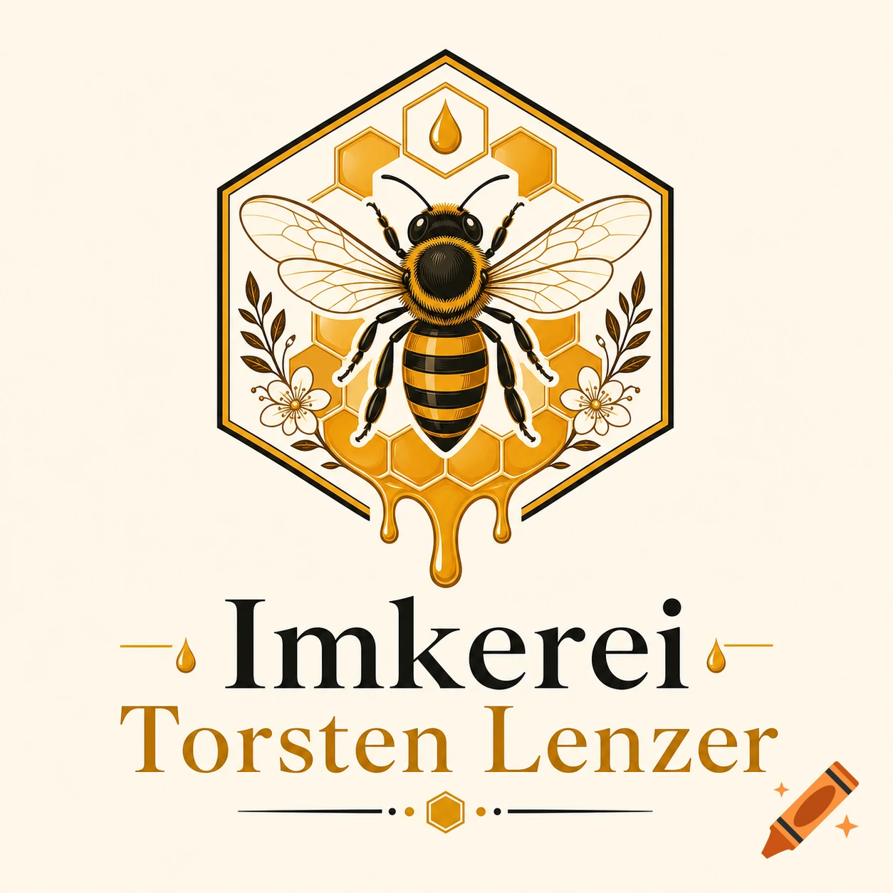 Logo for Imkerei Torsten Lenzer featuring a detailed bee over a honeycomb and floral elements in vintage vector illustration style.