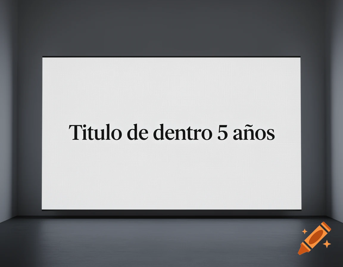 A large screen displaying the text "Titulo de dentro 5 años" mounted on a dark gray gallery wall.