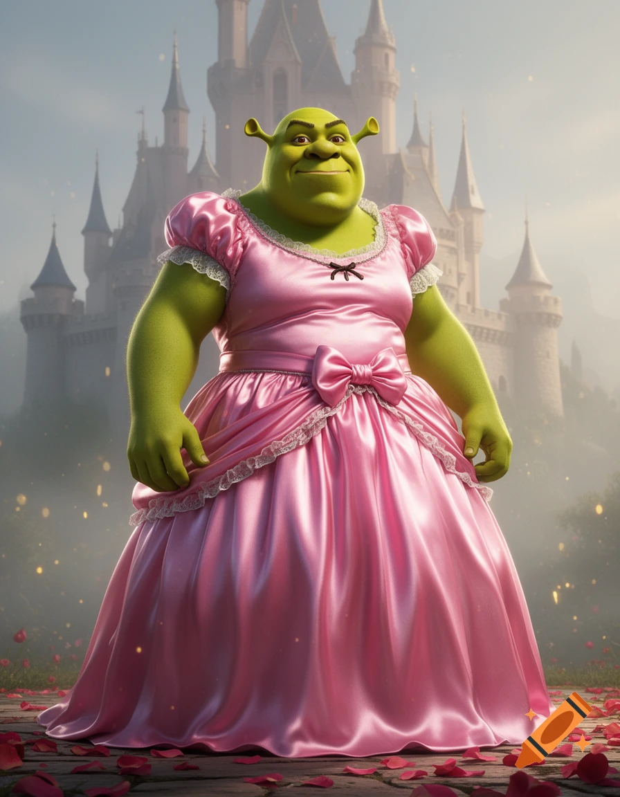 Shrek wearing a shiny pink princess dress standing in front of a castle, photorealistic style.