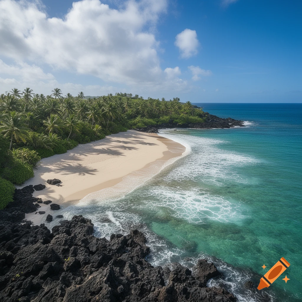 A photorealistic aerial view of a tropical beach with white sand, turquoise water, black volcanic rocks, and lush green palm trees under a blue sky with white clouds.