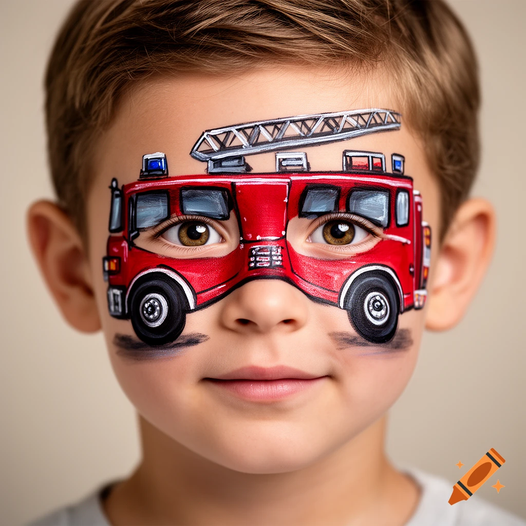 Close-up photorealistic portrait of a young child with a fire truck painted across their face.