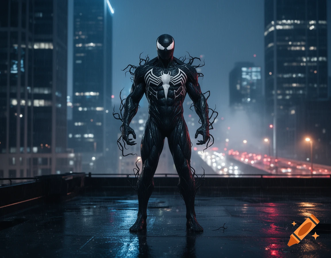 Photorealistic full-body shot of Agent Venom standing on a wet, reflective rooftop in a city at night.