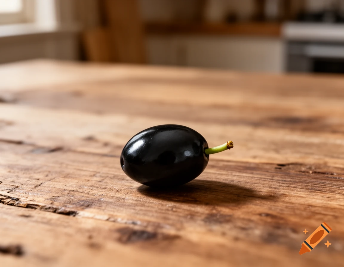 A single black olive with a green stem rests on a rustic wooden table.