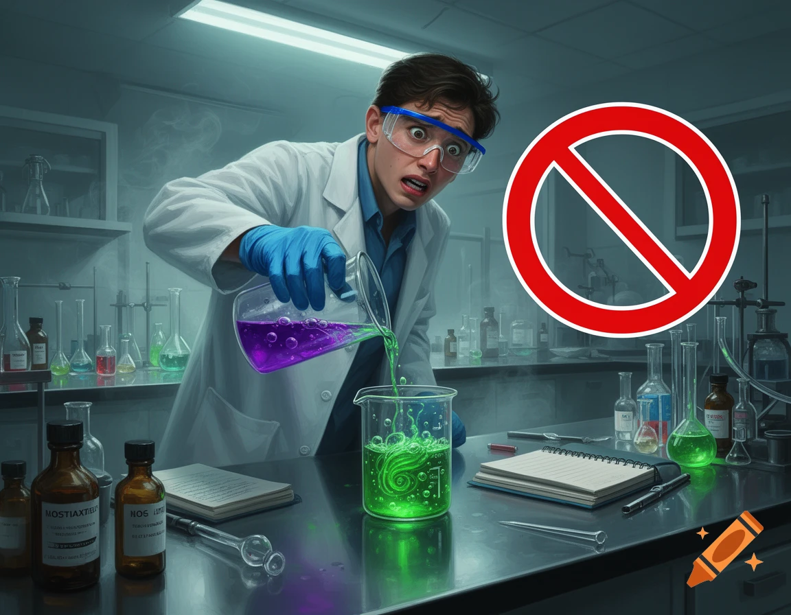 Panicked student in a lab coat pouring purple and green chemicals into beakers, with a large red prohibition symbol overlay.