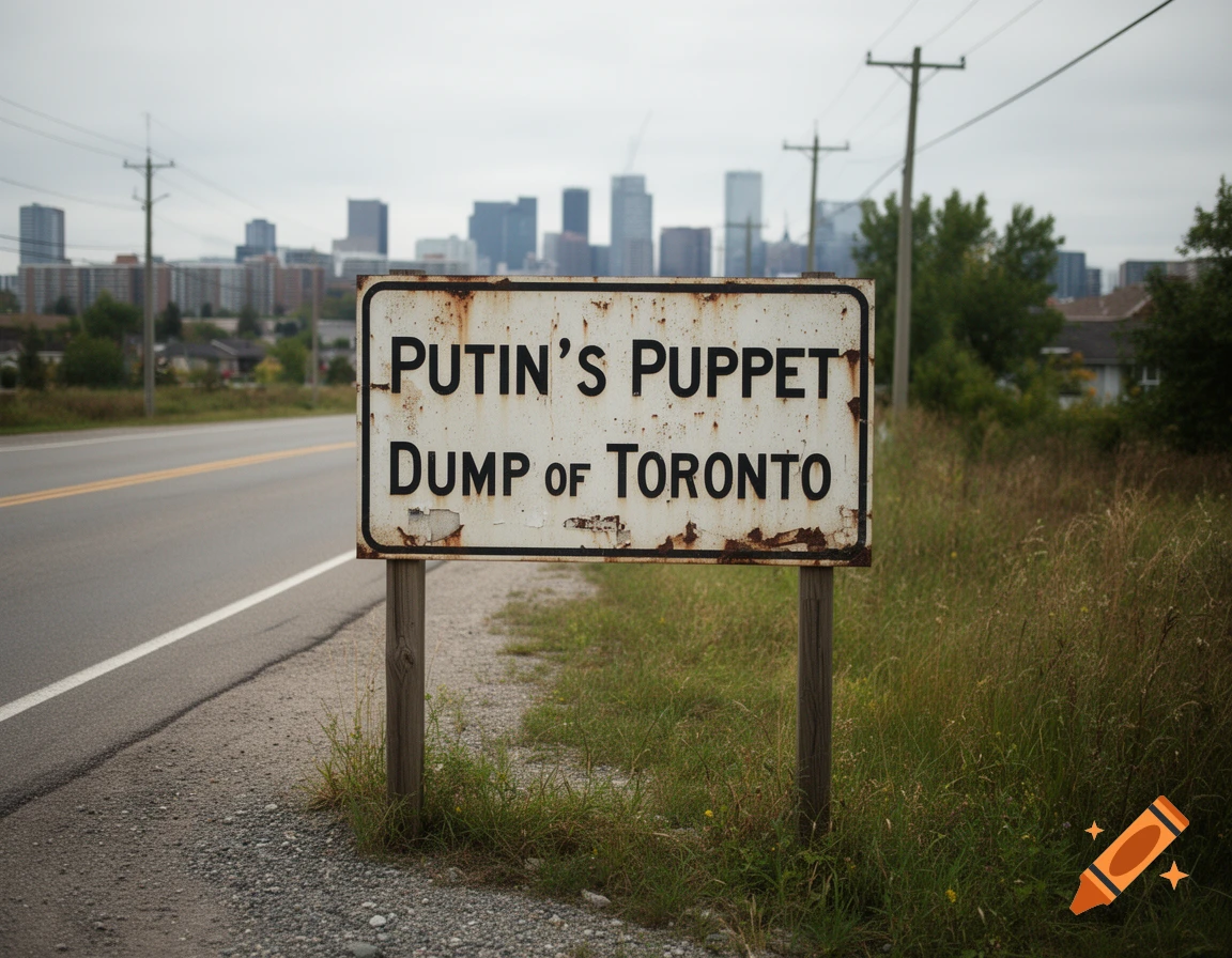 A rusty roadside sign reading 'Putin's Puppet Dump of Toronto' with a city skyline in the background, photorealistic style.