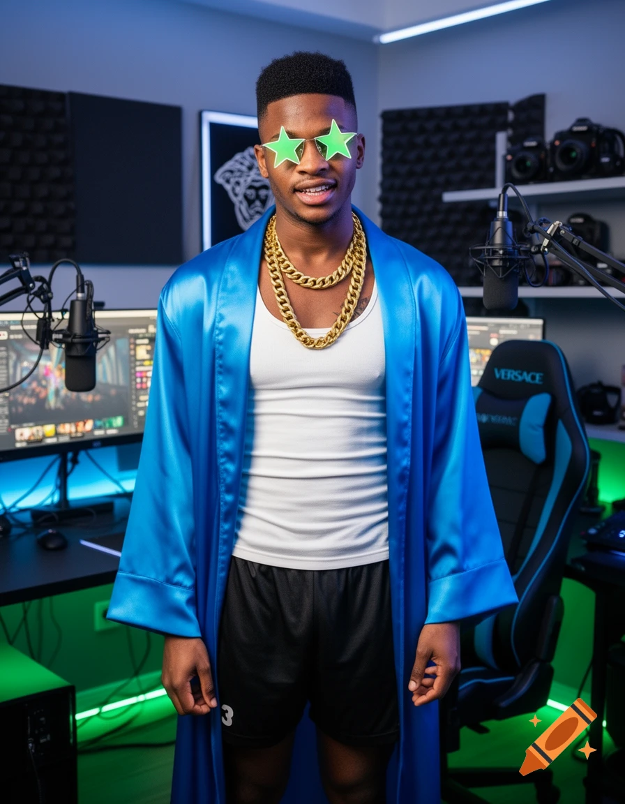 Photorealistic portrait of a young black male adult with star-shaped sunglasses and a blue robe in a streaming room.