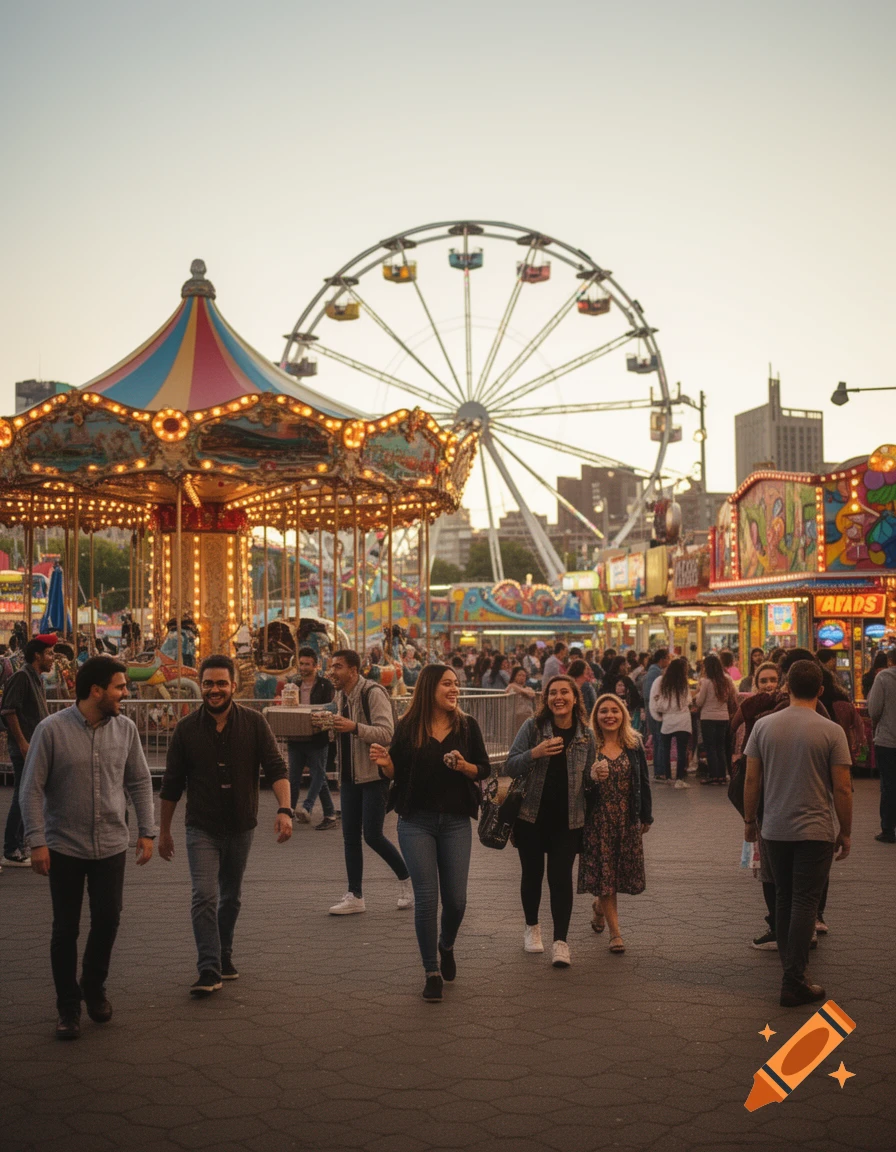 A group of friends walking through a bustling amusement park with a carousel and ferris wheel in the background.