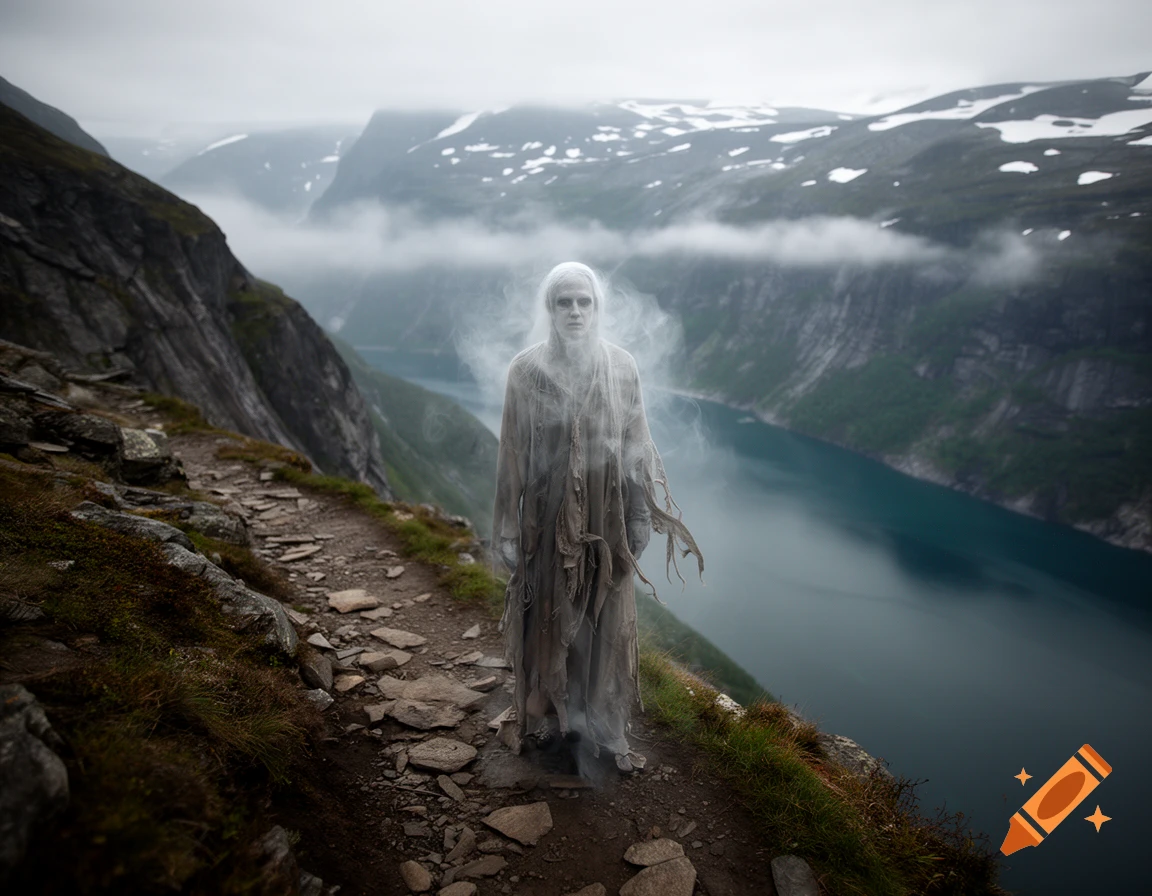 Photorealistic image of a ghostly specter standing on a rocky mountain path overlooking a fjord.