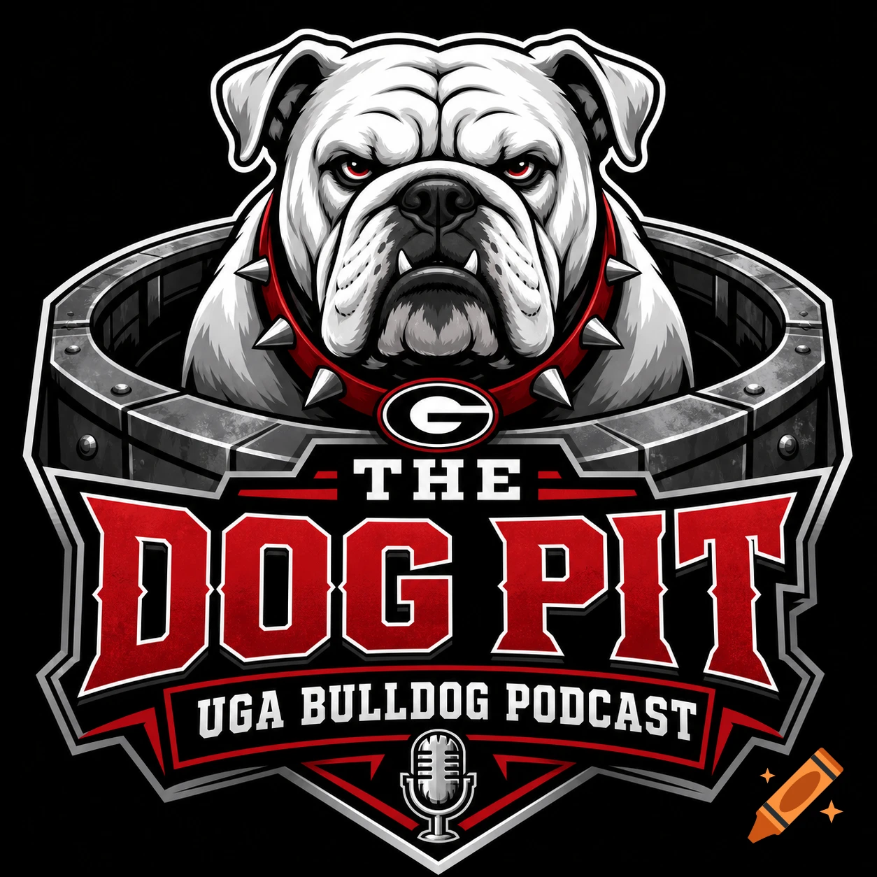 Logo of a bulldog with a spiked collar and metal ring, featuring the text THE DOG PIT UGA BULLDOG PODCAST and a microphone.