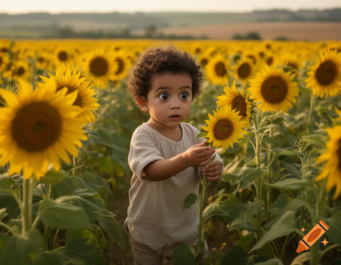 Photorealistic image of a young boy with curly black hair and large eyes standing in a vast field of sunflowers, holding one.
