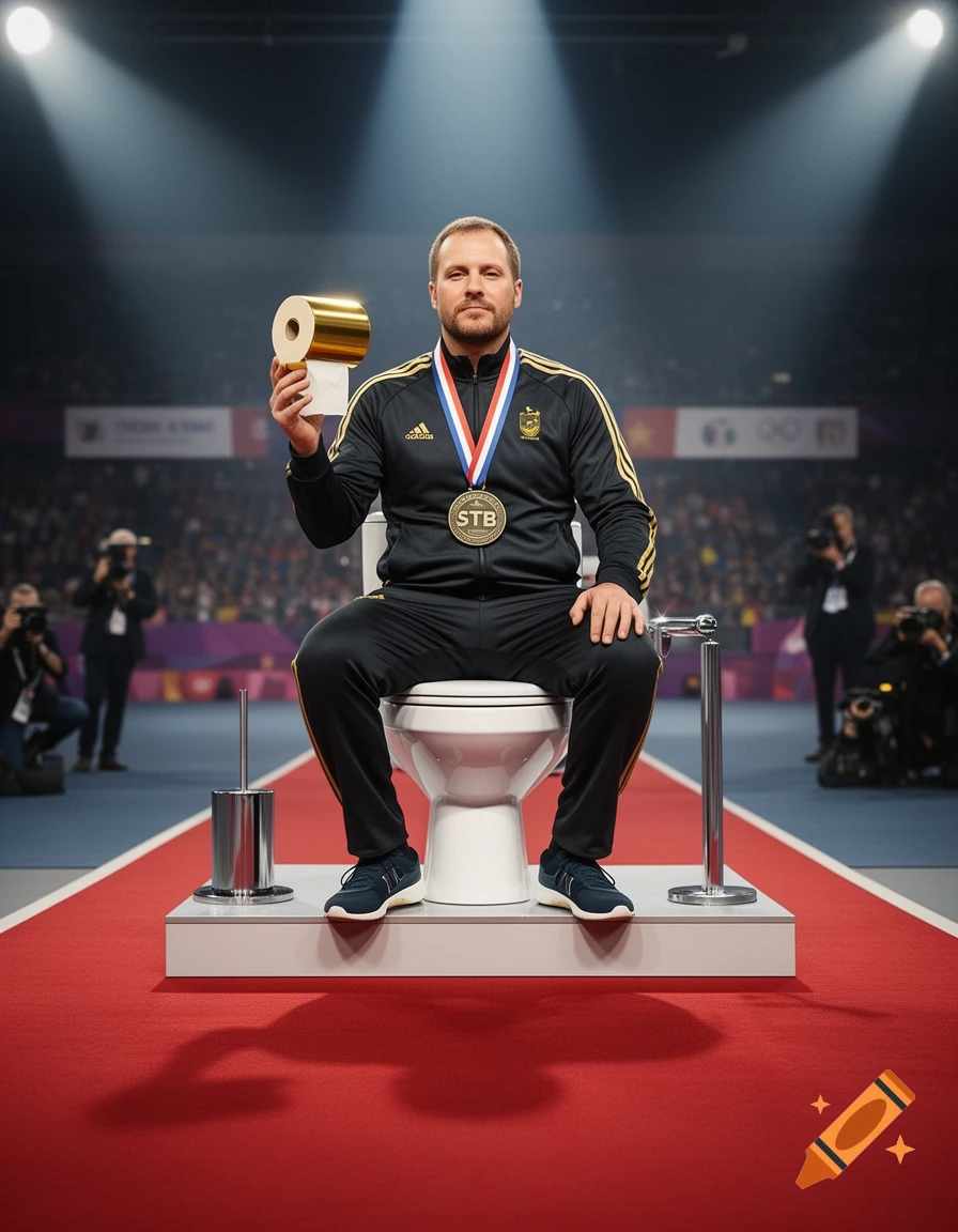 Photorealistic image of a man sitting on a toilet on an Olympic podium holding a roll of golden toilet paper.