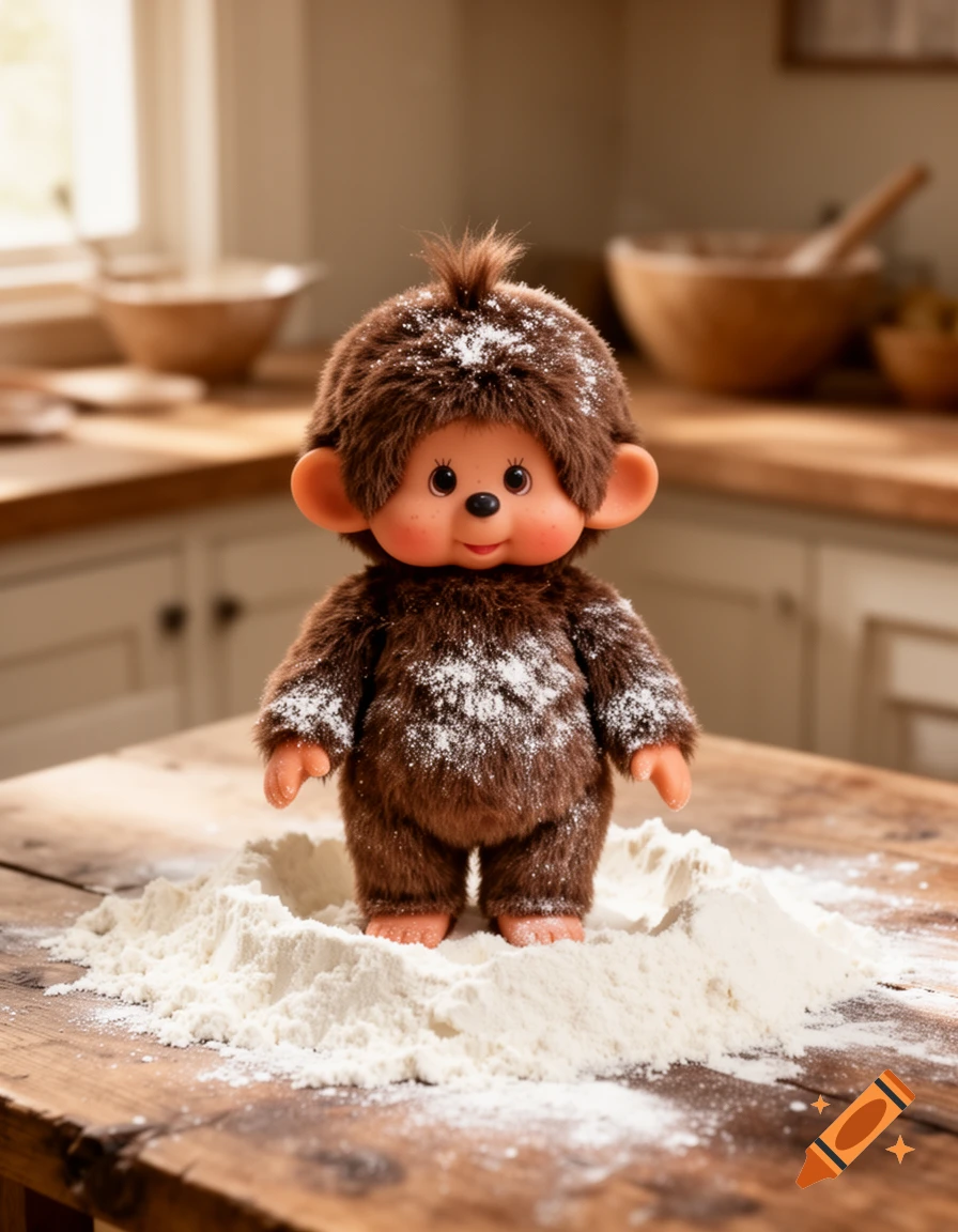 Photorealistic image of a Monchichi doll standing in a pile of flour on a wooden kitchen table.