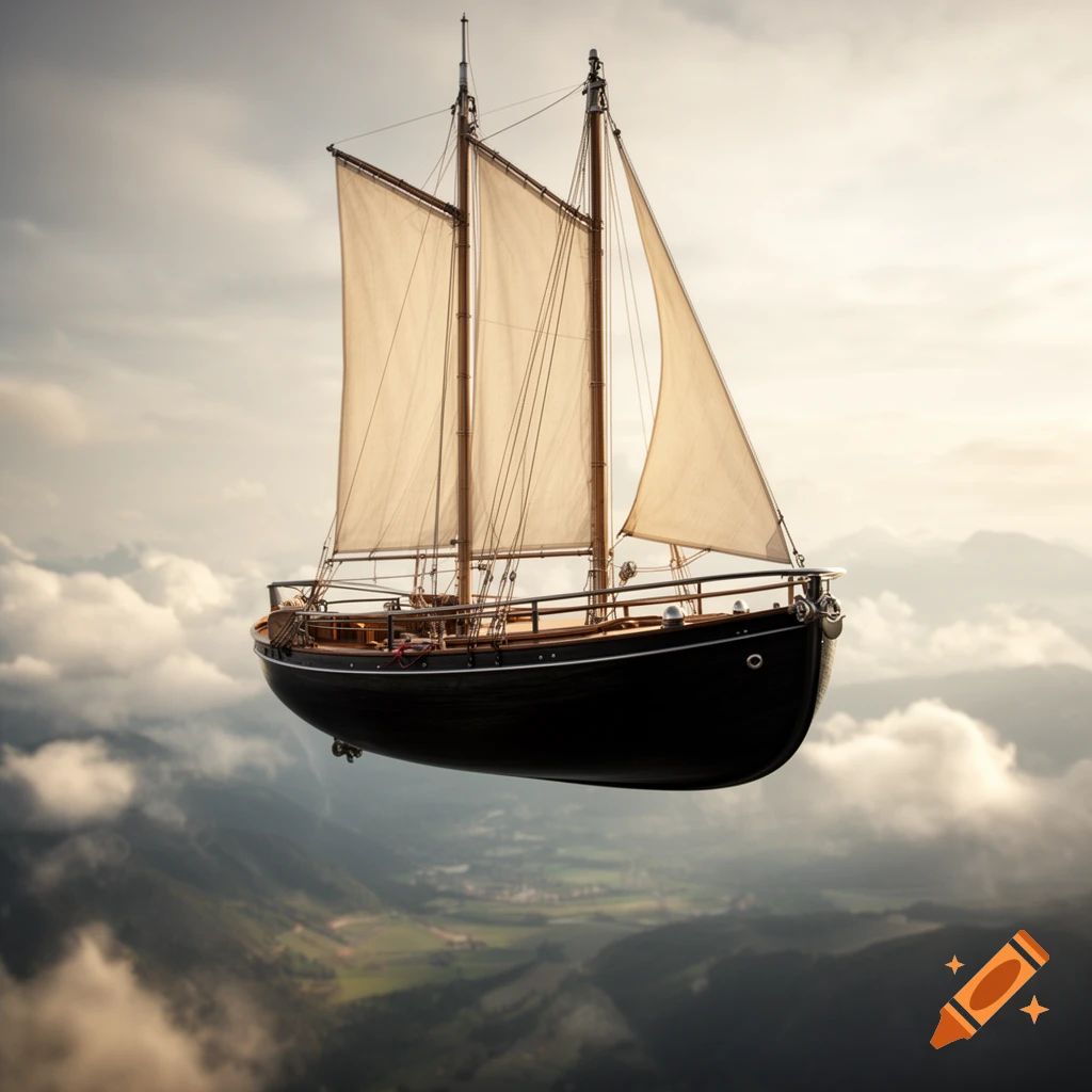 A photorealistic black-hulled wooden sailing skiff flying through the sky amidst clouds and mountains.