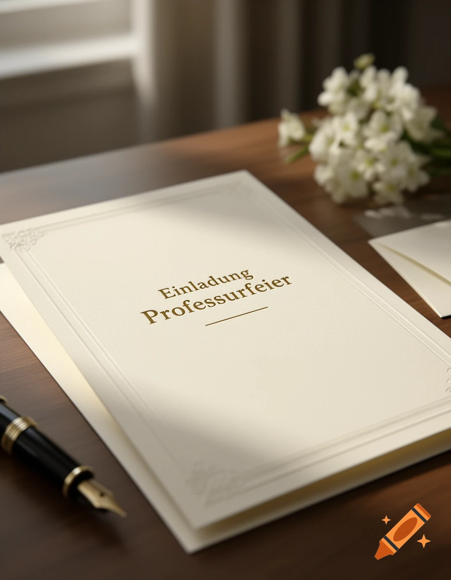 Close-up of a cream-colored invitation card on a wooden table with a pen and flowers, reading 'Einladung Professurfeier'.