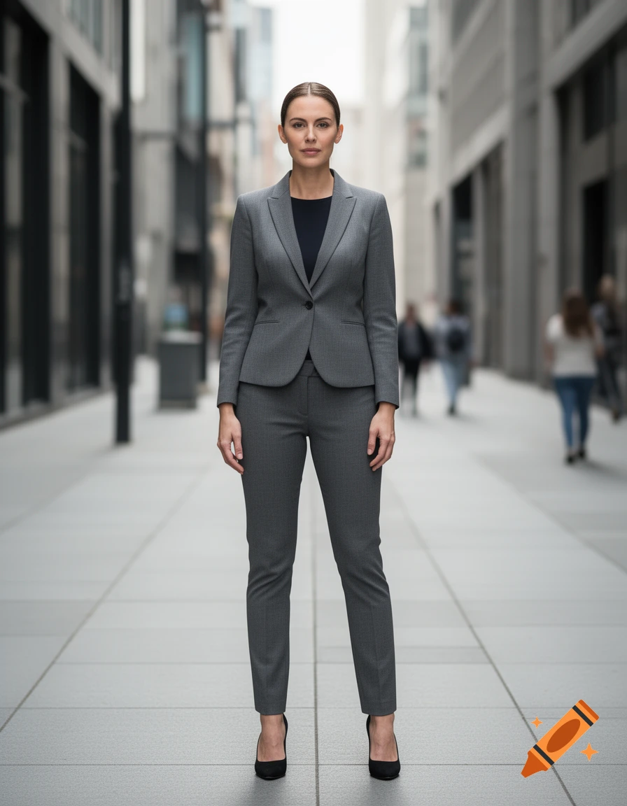 Full-length photorealistic portrait of a woman in a gray suit standing on a city street.