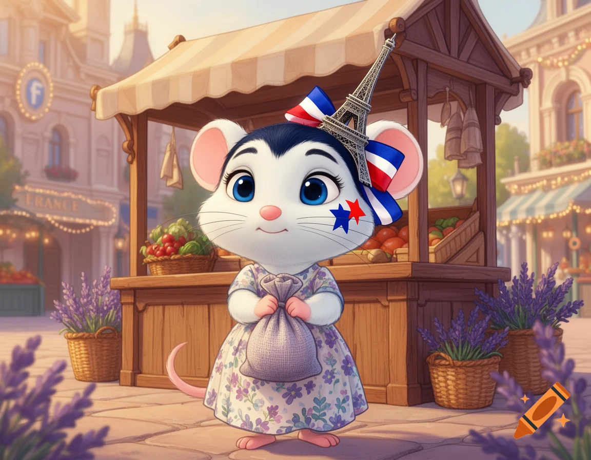 Animated style cute white mouse with a beret and Eiffel Tower decoration holding a lavender bag in a French market.