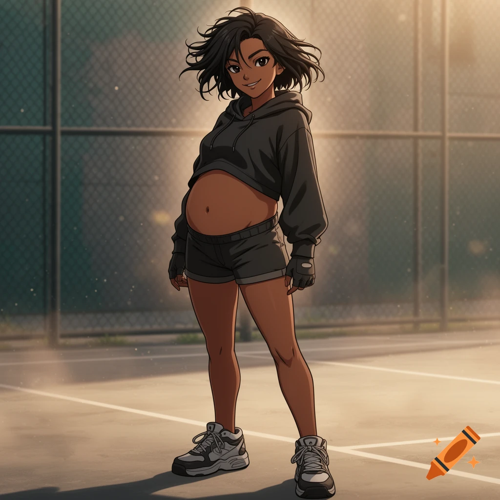 Anime style illustration of a smiling tomboy girl with short black hair, brown skin, wearing a dark hoodie and shorts on an outdoor court.