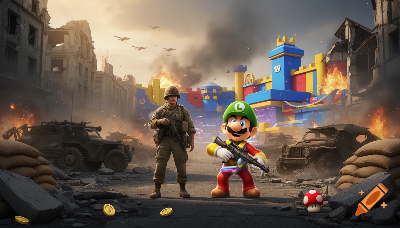 A soldier and Luigi holding a rifle in a war-torn city with a colorful castle in the background, digital art.