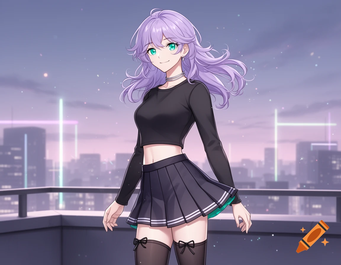 Anime style illustration of a femboy with purple hair, crop top, pleated skirt, and thigh highs on a rooftop at sunset.