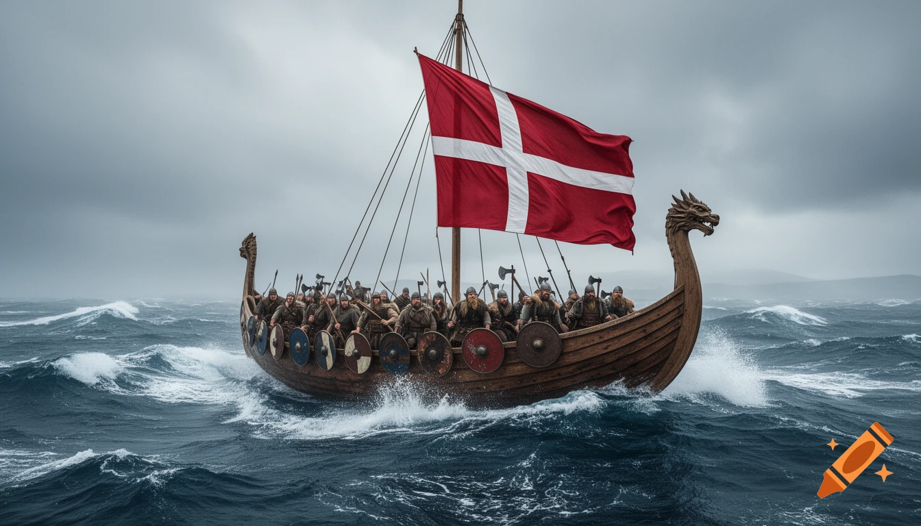 Photorealistic image of a traditional Viking longship sailing through rough, choppy ocean waves under an overcast sky, with a large Danish flag serving as the sail and a crew of armed warriors on board.