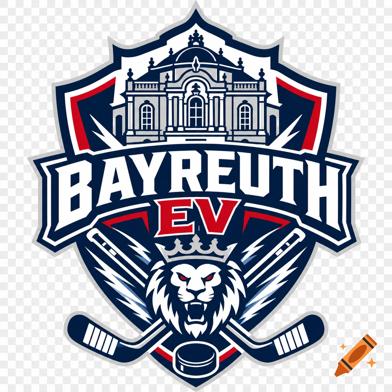 Professional hockey team logo for Bayreuth EV featuring a castle, lion, and hockey sticks.