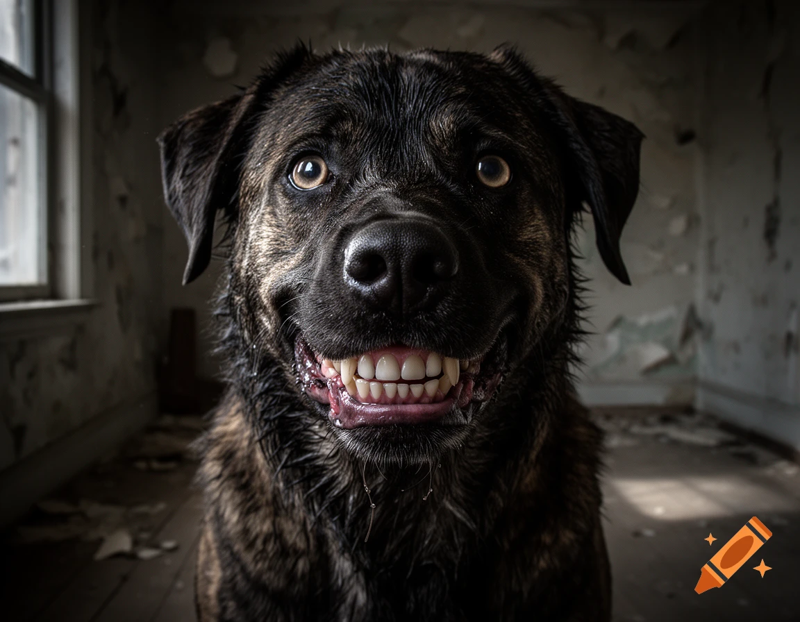 Close-up photorealistic image of a dark brindle dog smiling with unnaturally human-like teeth in a run-down room.