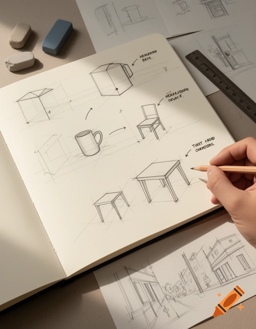 An open sketchbook with perspective sketches of objects like a cube, mug, chair, and table, with a hand holding a pencil.