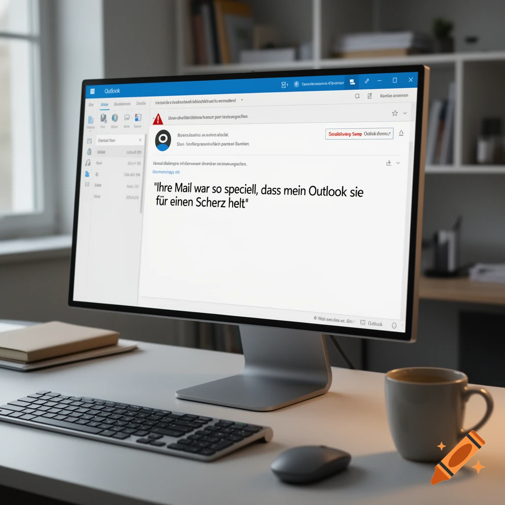 A computer monitor displaying an email application on a clean office desk with a keyboard, mouse, and coffee mug.