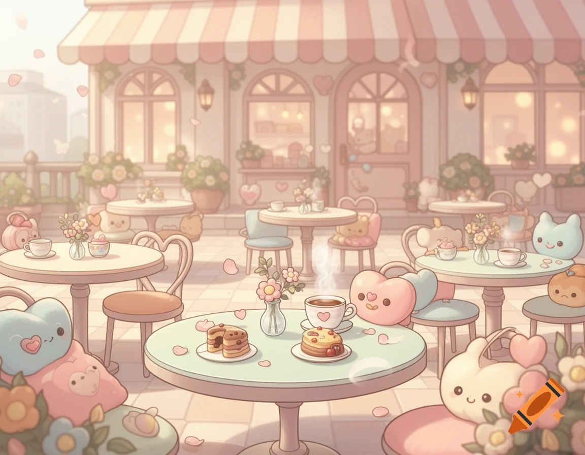 Kawaii style illustration of outdoor cafe tables with cute plushie chairs and pastries in soft pastel pink tones.