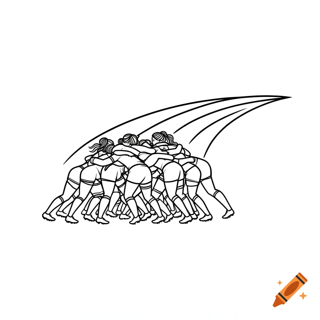 Minimalist black and white line art of a women's rugby scrum forming an upward curve on a pure white background.