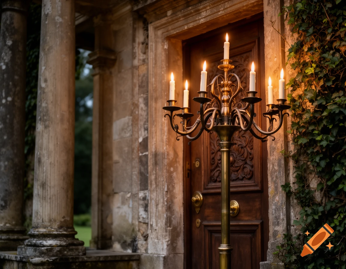 Photorealistic image of a brass candelabra with lit candles standing in front of a rustic wooden door.