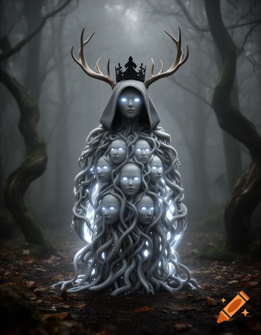 A luminescent, faceless hooded figure with deer antlers and a black crown, formed of tangled tentacles and faces, standing in a misty forest.