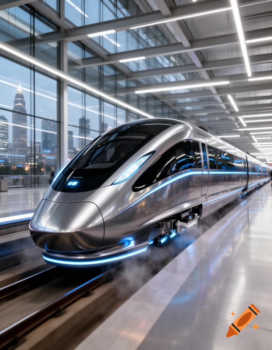 Photorealistic image of a sleek, futuristic silver train with glowing blue light strips at a modern train station with a cityscape view outside glass windows.