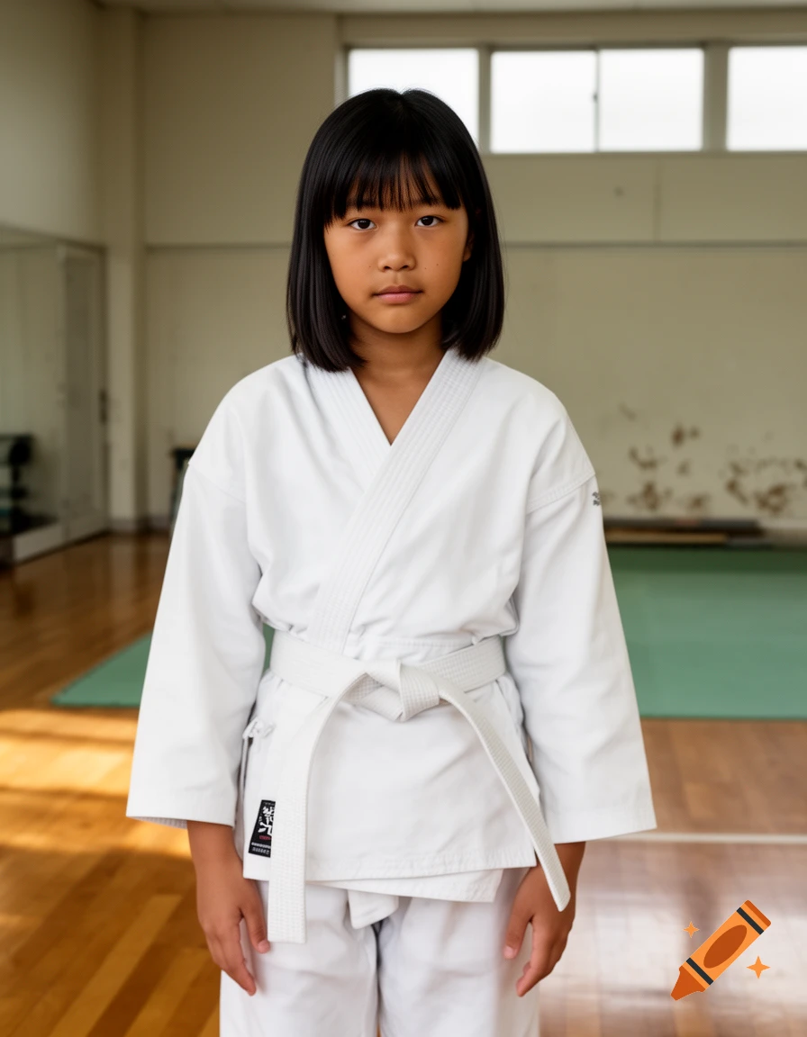 Photorealistic portrait of a young girl wearing a white karate uniform standing in a dojo.