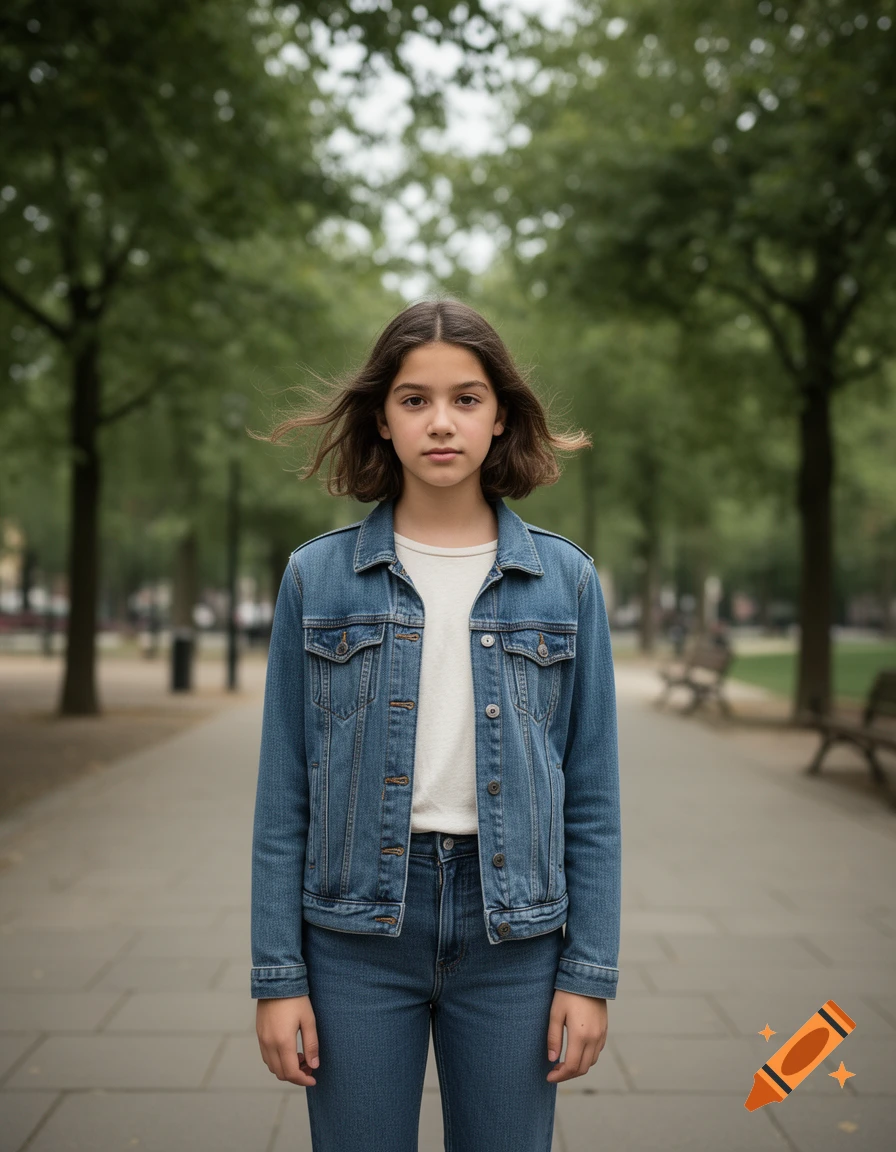 Photorealistic portrait of a teen girl with short brown hair standing on a paved path in a park with trees.