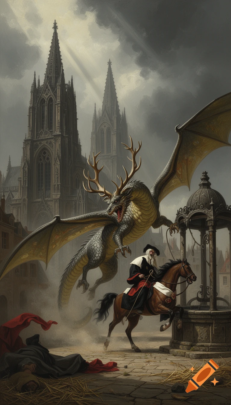 19th-century gothic style painting of a horned dragon attacking a horse and rider near a cathedral.