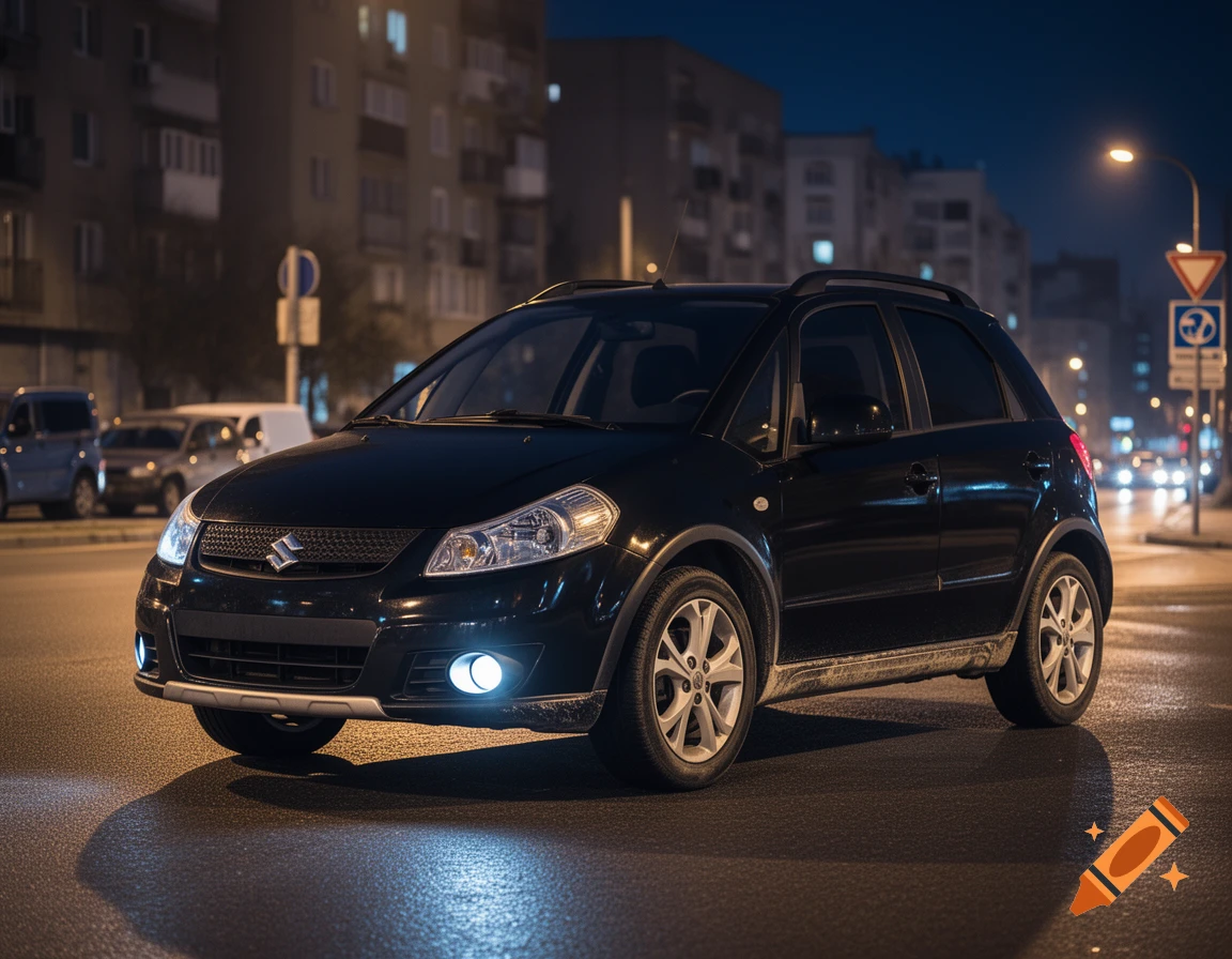 Photorealistic image of a black Suzuki SX4 parked on a wet city street at night with illuminated headlights and streetlights in the background.