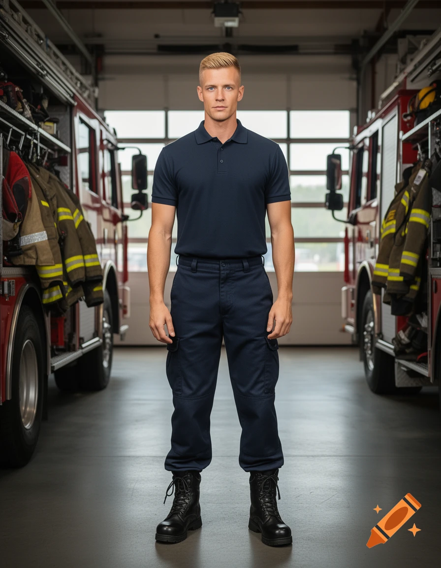 Photorealistic full-body portrait of a tall, athletic male firefighter standing inside a fire station between fire trucks.