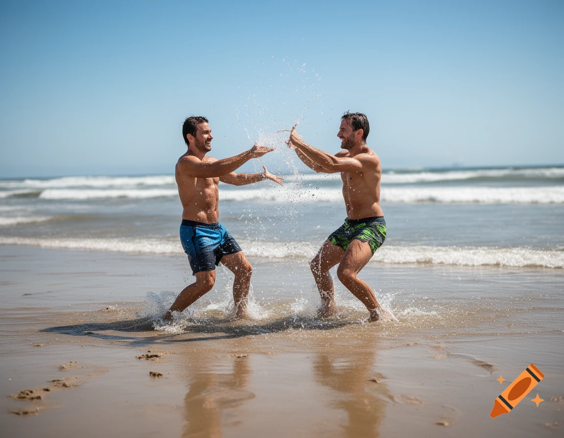 Two athletic men splashing water at each other on a sunny beach.