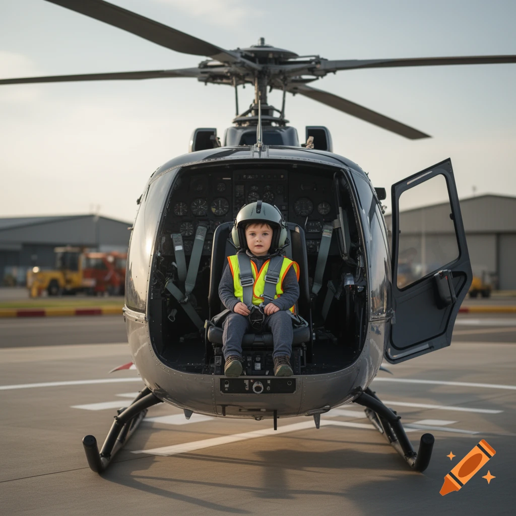 Photorealistic image of a young child wearing a flight helmet and safety vest sitting in the cockpit of a parked helicopter.