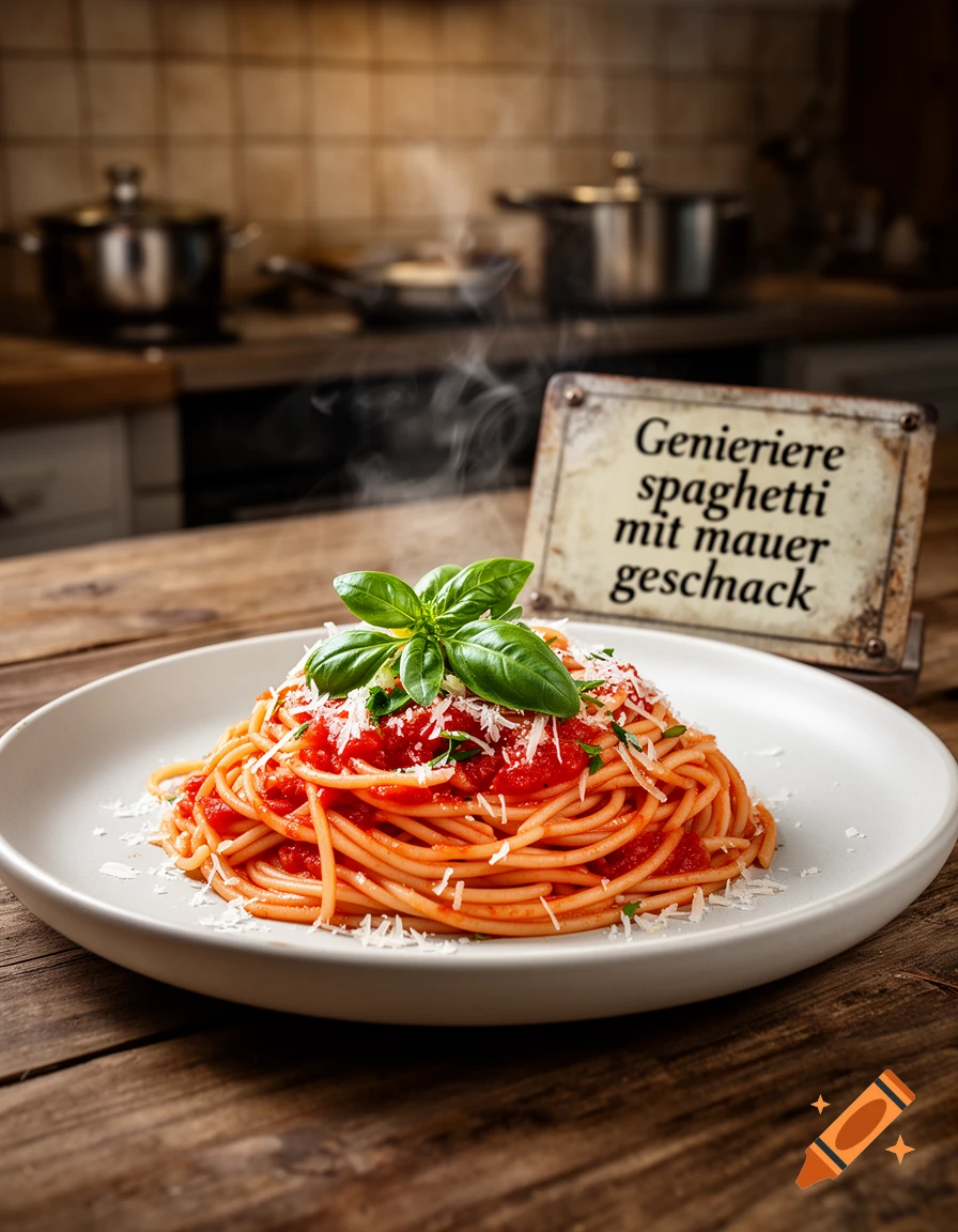 Photorealistic plate of spaghetti with tomato sauce and fresh basil on a wooden kitchen table.