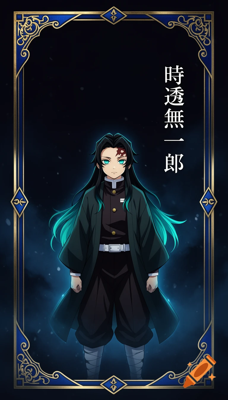 Anime style portrait of Muichiro Tokito from Demon Slayer inside an ornate blue and gold frame with Japanese text.