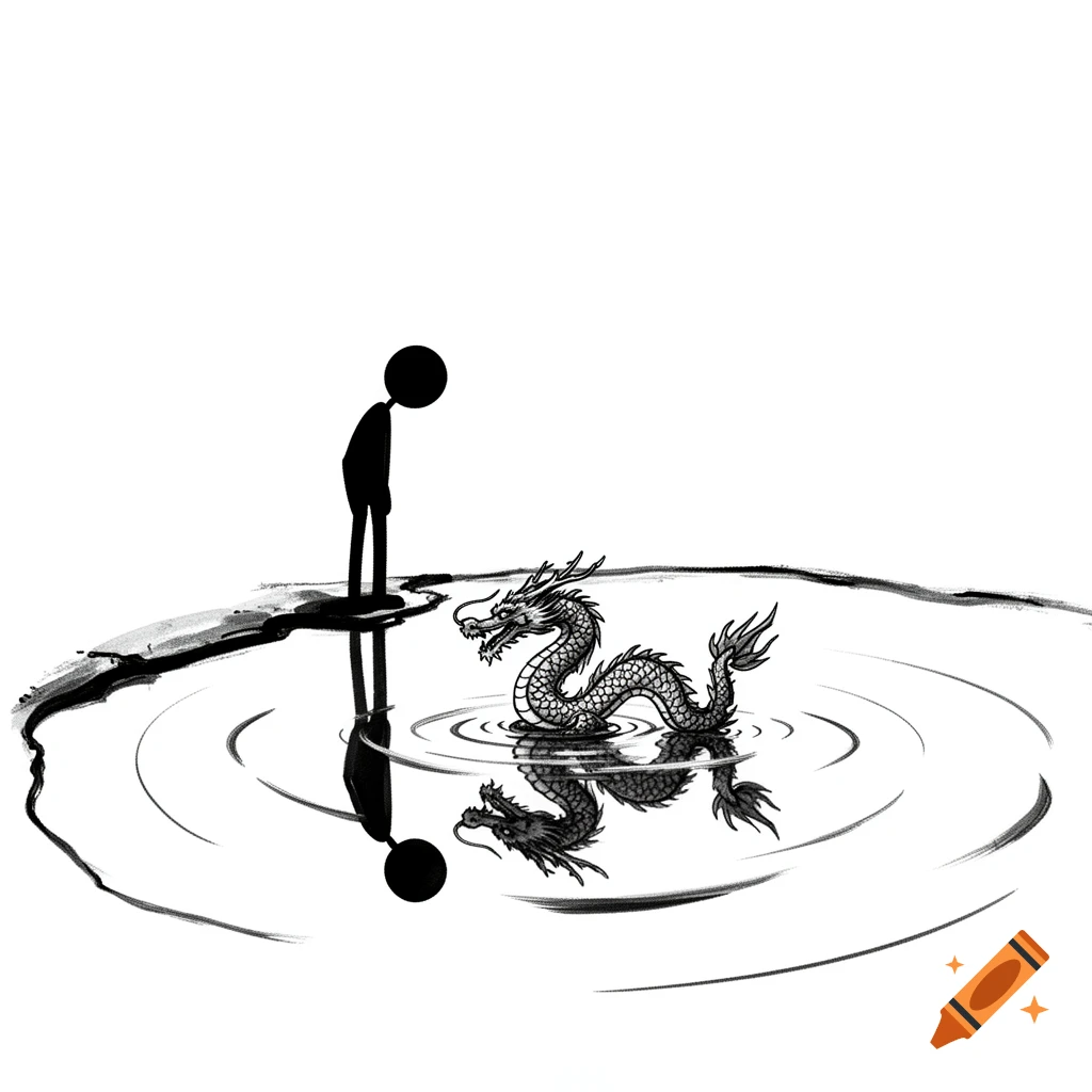 Black and white ink drawing of a stick figure looking down at a puddle, seeing the reflection of a Chinese dragon.