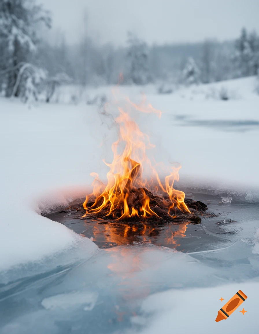 A small campfire burning in a hole in the snow-covered ground, reflecting on ice in a wintry landscape.