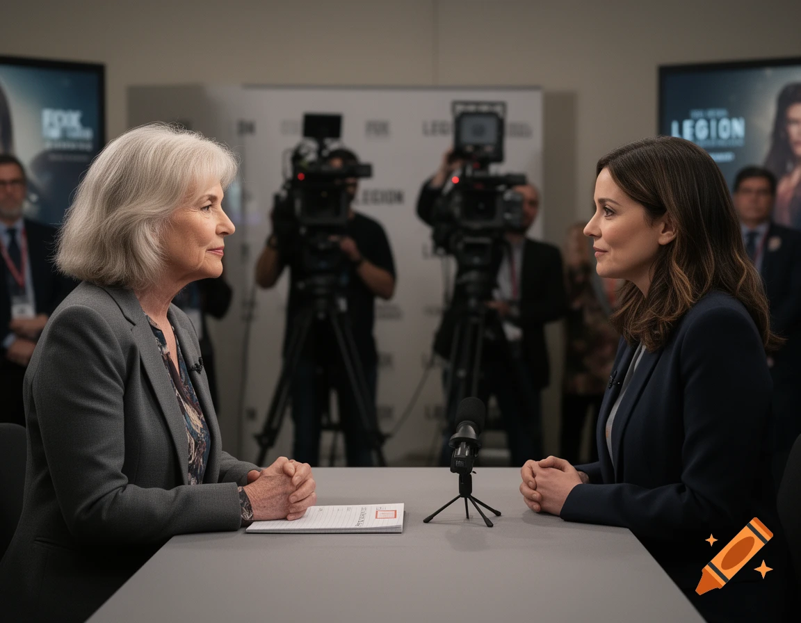 Photorealistic image of two women being interviewed across a desk with a microphone, with camera crew in the background.