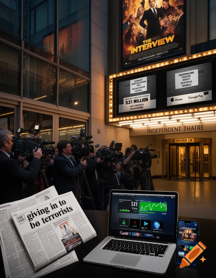 Photorealistic scene featuring a newspaper, laptop, and smartphone displaying movie streaming data in front of a theater.